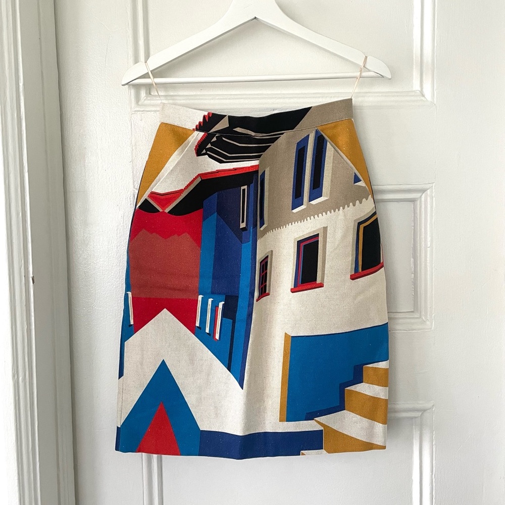LONGCHAMP Colorful Buildings Pattern Pencil Skirt